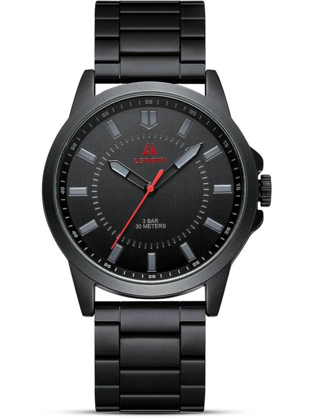 LN LENQIN Men's Black Stainless Steel Analog Quartz Wristwatch with Date Display